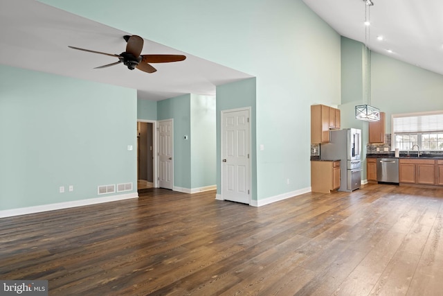 34795 Mute Swan Ln, Rehoboth Beach, DE 19971 - unfurnished living room featuring dark wood-style floors, a sink, baseboards, a ceiling fan, and high vaulted ceiling