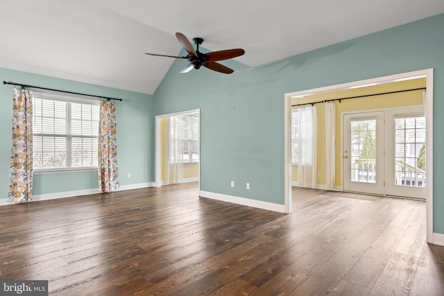 34795 Mute Swan Ln, Rehoboth Beach, DE 19971 - spare room featuring baseboards, high vaulted ceiling, ceiling fan, and wood-type flooring