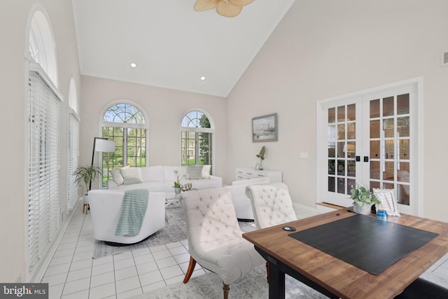 dining room featuring french doors, baseboards, recessed lighting, high vaulted ceiling, and light tile patterned floors