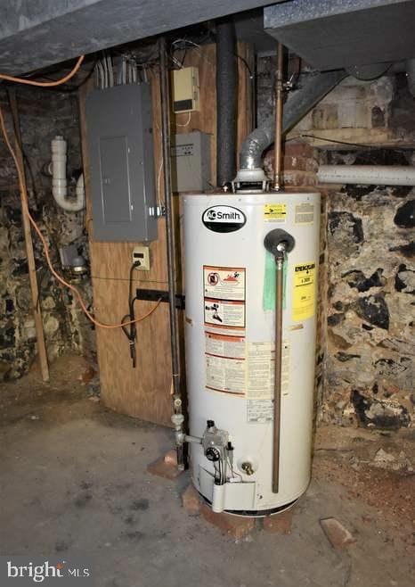 utility room featuring water heater and electric panel