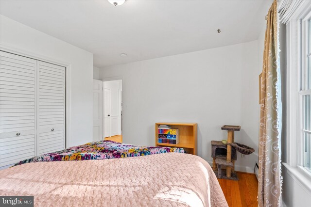 bedroom with wood finished floors, baseboards, and a closet