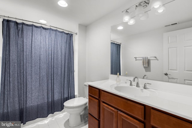 bathroom with tile patterned floors, visible vents, toilet, vanity, and shower / bath combo with shower curtain