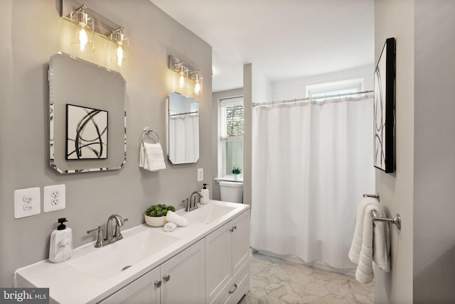 full bath featuring a sink, shower / bathtub combination with curtain, and double vanity