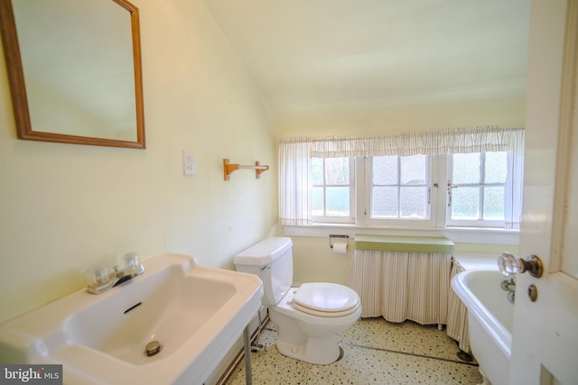 bathroom featuring toilet, a tub, speckled floor, and vanity