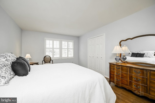 bedroom with a closet and dark wood-style floors