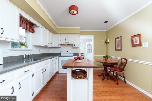 kitchen featuring white cabinetry, white appliances, under cabinet range hood, and a sink