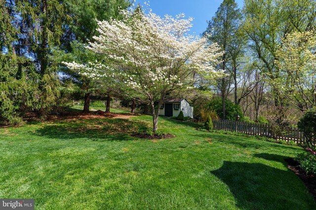 view of yard with an outbuilding and fence