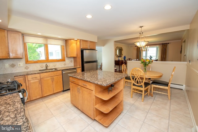 kitchen featuring a sink, tasteful backsplash, open shelves, and stainless steel appliances