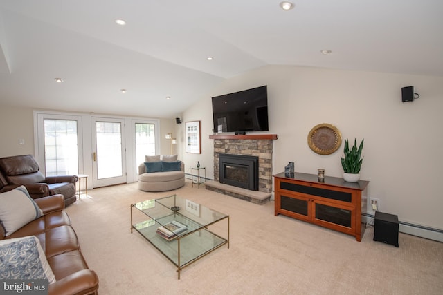 carpeted living area featuring recessed lighting, lofted ceiling, and a fireplace