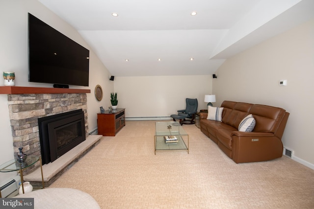 living area with baseboard heating, a fireplace, carpet, recessed lighting, and vaulted ceiling