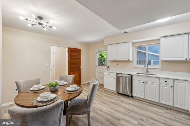 kitchen featuring light countertops, a sink, white cabinetry, visible vents, and dishwasher