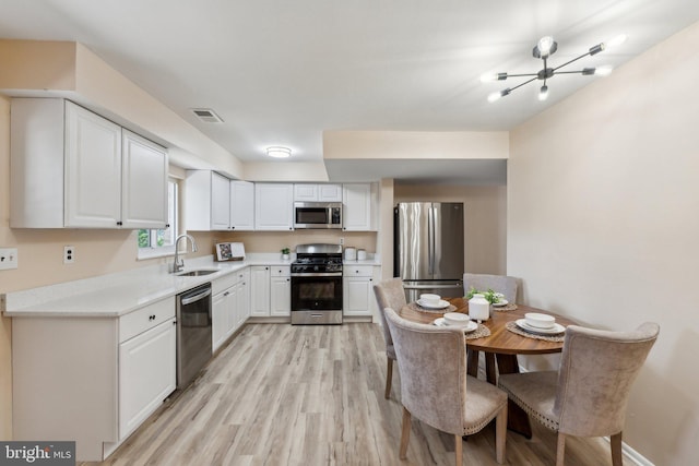 kitchen with a sink, stainless steel appliances, white cabinetry, light wood-type flooring, and visible vents