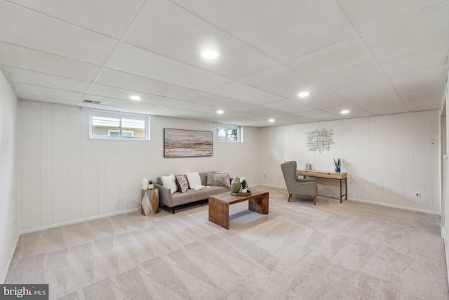 living area featuring baseboards, carpet flooring, visible vents, and recessed lighting
