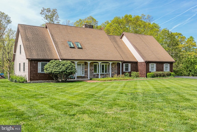 new england style home featuring a chimney, a front lawn, roof with shingles, and a porch