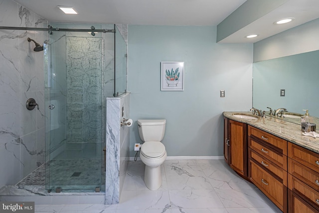 full bath with marble finish floors, a marble finish shower, vanity, toilet, and recessed lighting