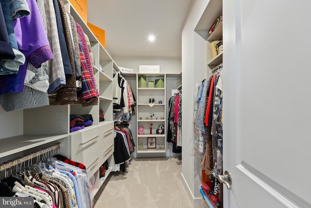spacious closet featuring light carpet