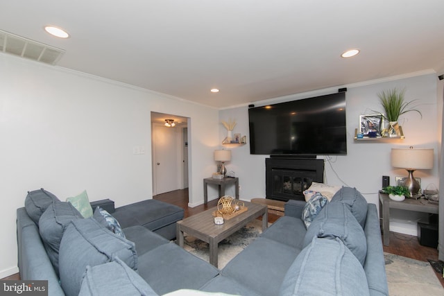 living area with visible vents, ornamental molding, a glass covered fireplace, wood finished floors, and recessed lighting