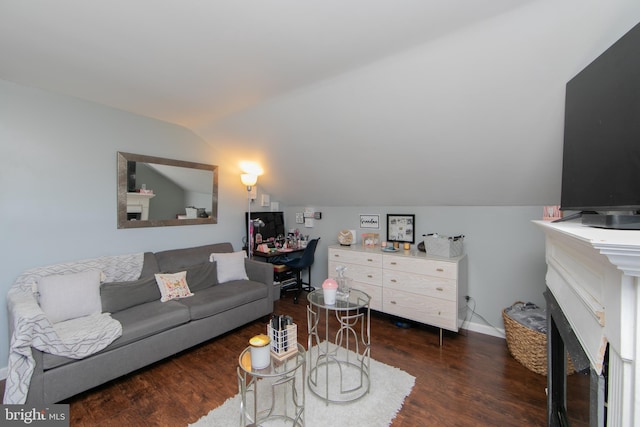 living room featuring vaulted ceiling and dark wood-type flooring