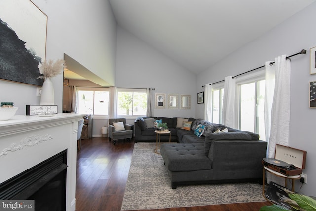 living area featuring a healthy amount of sunlight, high vaulted ceiling, a fireplace, and dark wood-type flooring