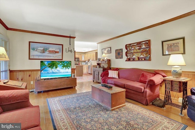 living area featuring wainscoting, ornamental molding, and wood-type flooring