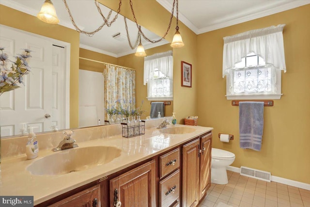 bathroom featuring double vanity, visible vents, toilet, and a sink