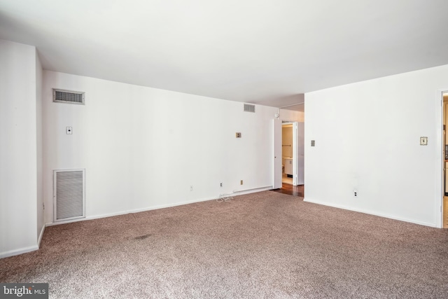 spare room featuring visible vents, baseboards, and carpet floors