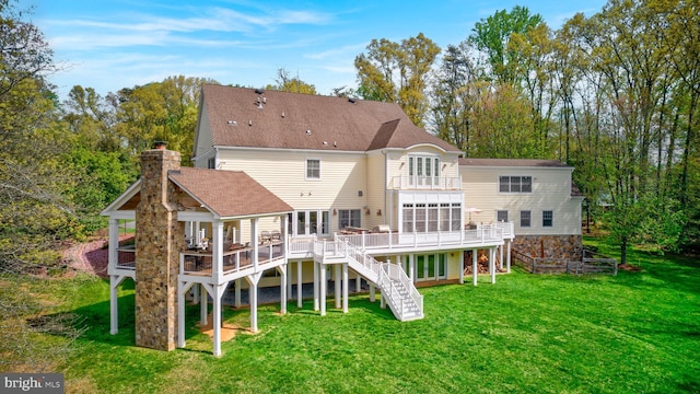 12205 Thoroughbred Rd, Oak Hill, VA 20171 - back of house with a balcony, a deck, a chimney, stairs, and a yard