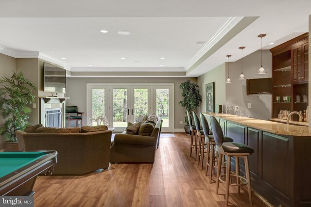 12205 Thoroughbred Rd, Oak Hill, VA 20171 - living area featuring ornamental molding, wood finished floors, indoor wet bar, recessed lighting, and pool table