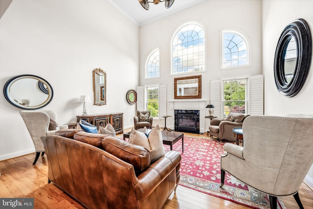 13543 Rustling Oaks Dr, Wye Mills, MD 21679 - living room featuring crown molding, light wood finished floors, a high ceiling, a fireplace, and baseboards