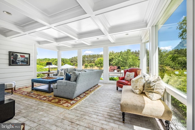 13543 Rustling Oaks Dr, Wye Mills, MD 21679 - sunroom / solarium featuring brick floors, beam ceiling, and coffered ceiling