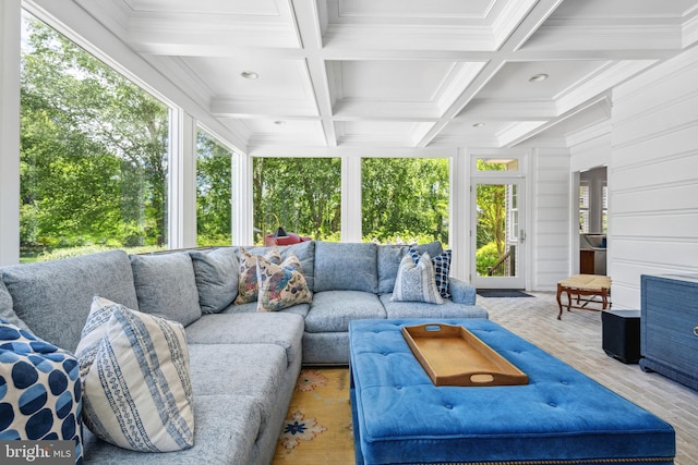 13543 Rustling Oaks Dr, Wye Mills, MD 21679 - sunroom with beam ceiling, coffered ceiling, crown molding, and wood finished floors