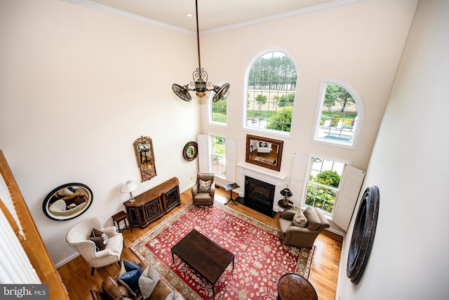 13543 Rustling Oaks Dr, Wye Mills, MD 21679 - living area featuring a high ceiling, wood finished floors, a fireplace with flush hearth, baseboards, and a chandelier
