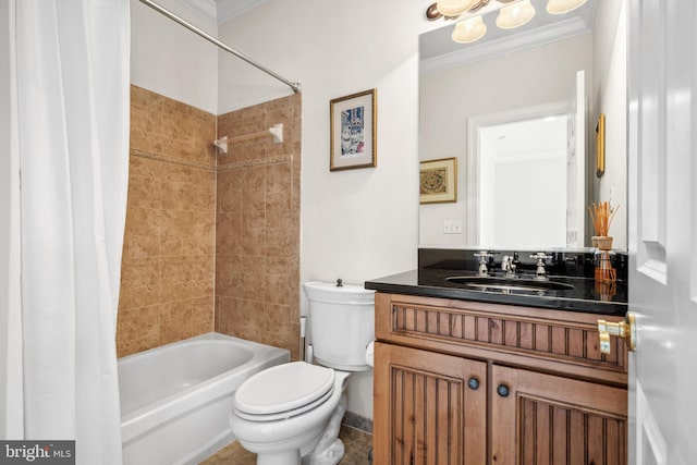 13543 Rustling Oaks Dr, Wye Mills, MD 21679 - full bathroom featuring crown molding, toilet, shower / tub combo with curtain, and vanity