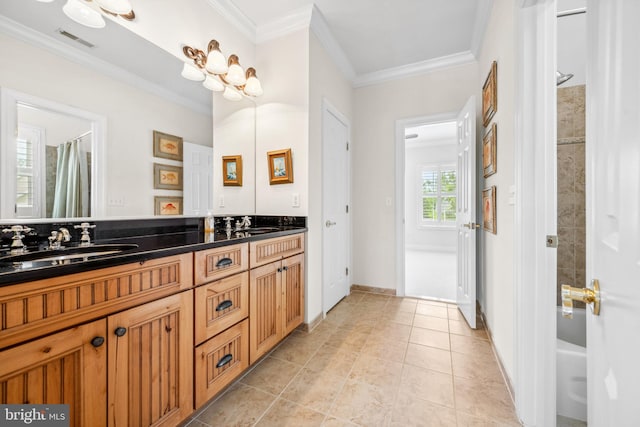 13543 Rustling Oaks Dr, Wye Mills, MD 21679 - bathroom with ornamental molding, double vanity, and tile patterned floors
