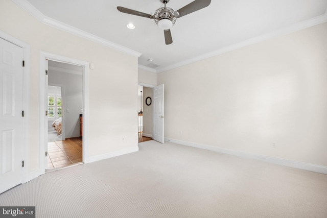 13543 Rustling Oaks Dr, Wye Mills, MD 21679 - unfurnished bedroom with carpet floors, ornamental molding, baseboards, a ceiling fan, and recessed lighting