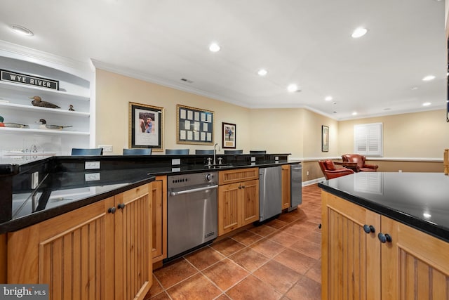 13543 Rustling Oaks Dr, Wye Mills, MD 21679 - kitchen featuring crown molding, a sink, recessed lighting, stainless steel dishwasher, and open shelves