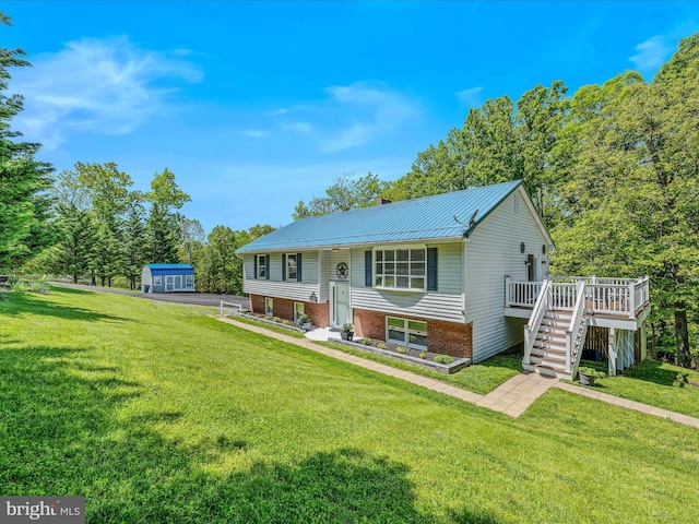 3322 Johnsons Mill Rd, Berkeley Springs, WV 25411 - raised ranch featuring stairs, a wooden deck, a front yard, and metal roof