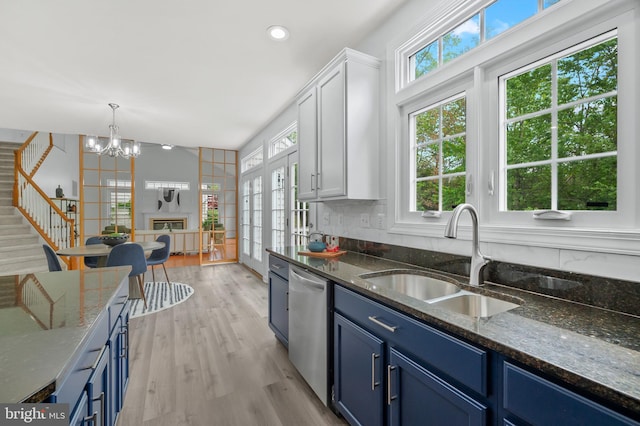 13017 English Turn Dr, Silver Spring, MD 20904 - kitchen featuring stainless steel dishwasher, white cabinetry, a sink, dark stone countertops, and blue cabinetry