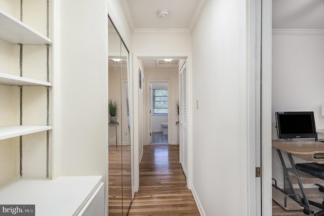 5511 Gwyn Pl, Alexandria, VA 22312 - corridor with crown molding, wood finished floors, baseboards, and an office area