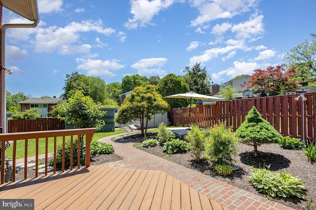 5511 Gwyn Pl, Alexandria, VA 22312 - wooden terrace featuring a fenced backyard, an outbuilding, and a shed
