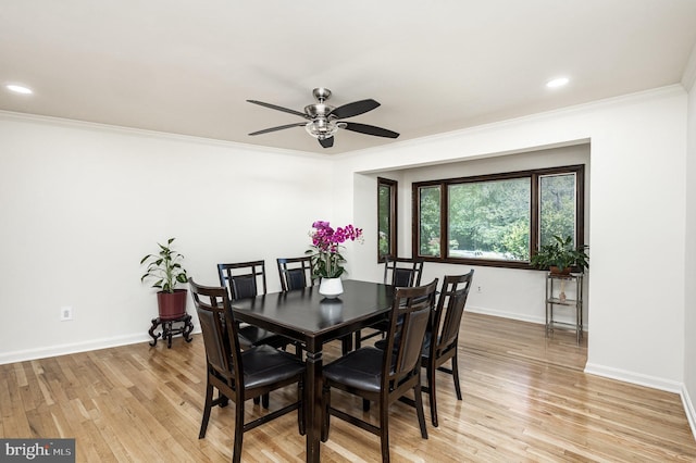 5511 Gwyn Pl, Alexandria, VA 22312 - dining area featuring a ceiling fan, light wood-type flooring, crown molding, baseboards, and recessed lighting
