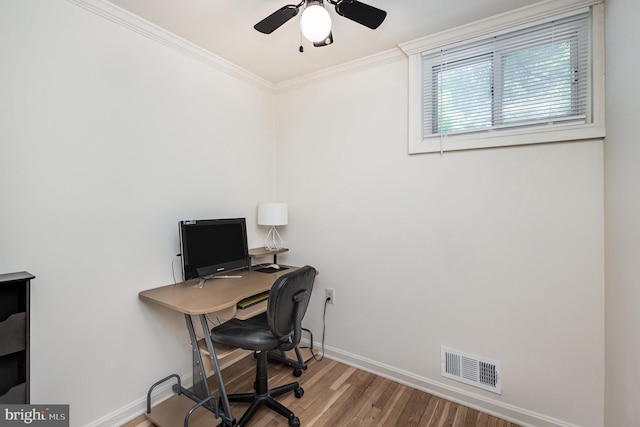 5511 Gwyn Pl, Alexandria, VA 22312 - office space featuring baseboards, wood finished floors, crown molding, and a ceiling fan