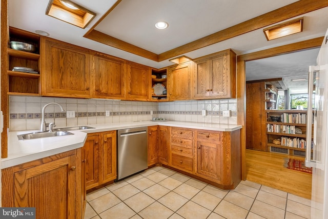 715 W Park Ave, State College, PA 16803 - kitchen with open shelves, a sink, decorative backsplash, dishwasher, and light countertops