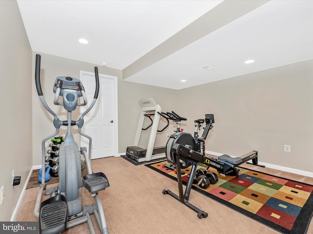 workout room featuring baseboards, recessed lighting, and carpet flooring