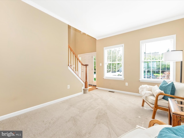 sitting room featuring stairs, baseboards, ornamental molding, and carpet floors