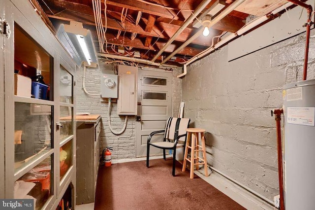 unfinished basement with water heater and electric panel