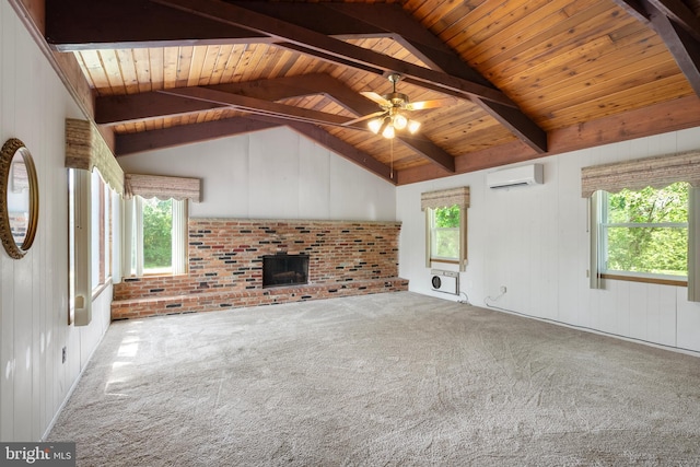 unfurnished living room featuring a fireplace, lofted ceiling with beams, a wall unit AC, and carpet floors