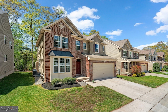 view of front of property featuring a front lawn, driveway, an attached garage, brick siding, and a residential view