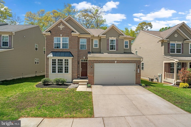 view of front facade featuring a front lawn, driveway, brick siding, and a garage