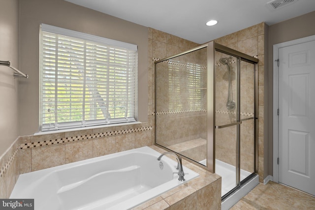 full bathroom with a shower stall, a bath, visible vents, and recessed lighting